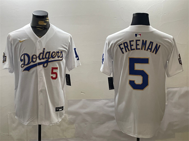 Men's White Gold Los Angeles Dodgers #5 Freddie Freeman 2024 World Series Home Limited Stitched Baseball Jersey
